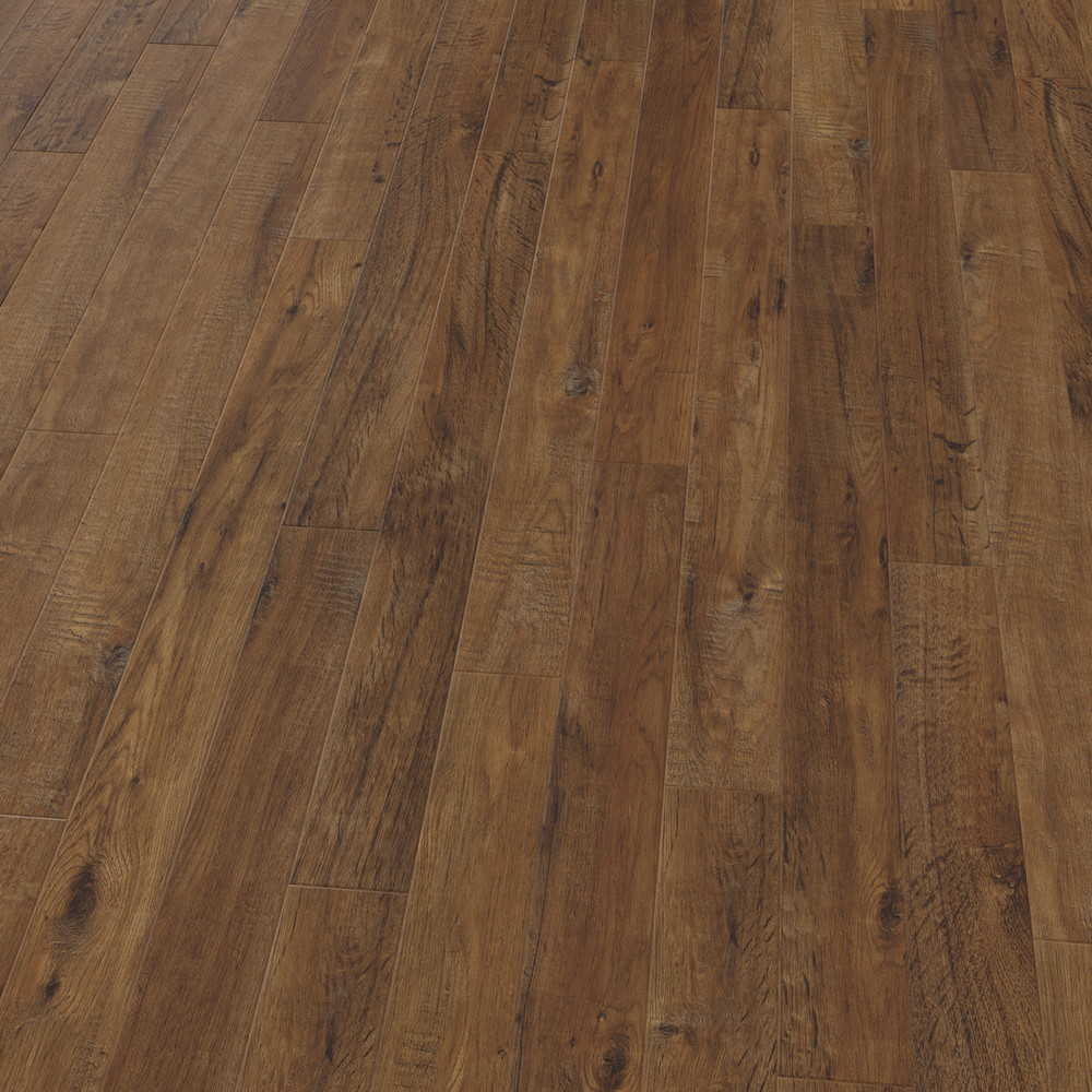 Rich brown oak effect luxury vinyl tile flooring with wood grain texture and bevelled edges