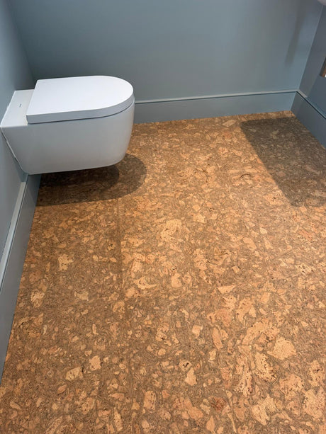 Natural cork flooring installed in a bathroom in Barnet, London by Exen Flooring