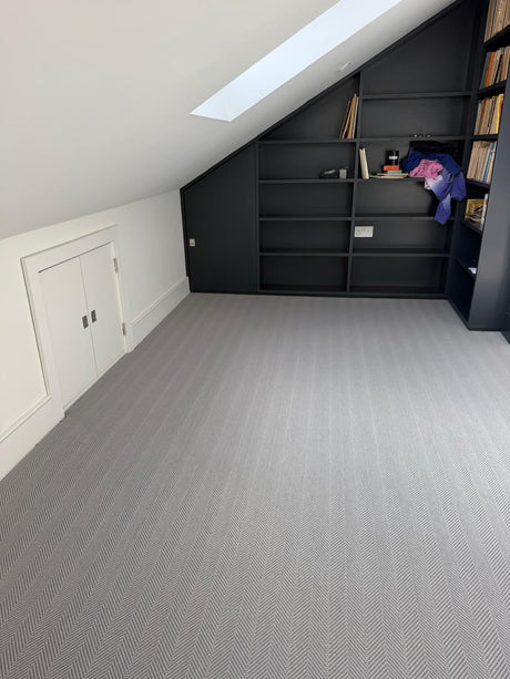 Alternative Flooring Herringbone Ice carpet and stair runner installation in a Barnet loft, London by EXEN Flooring